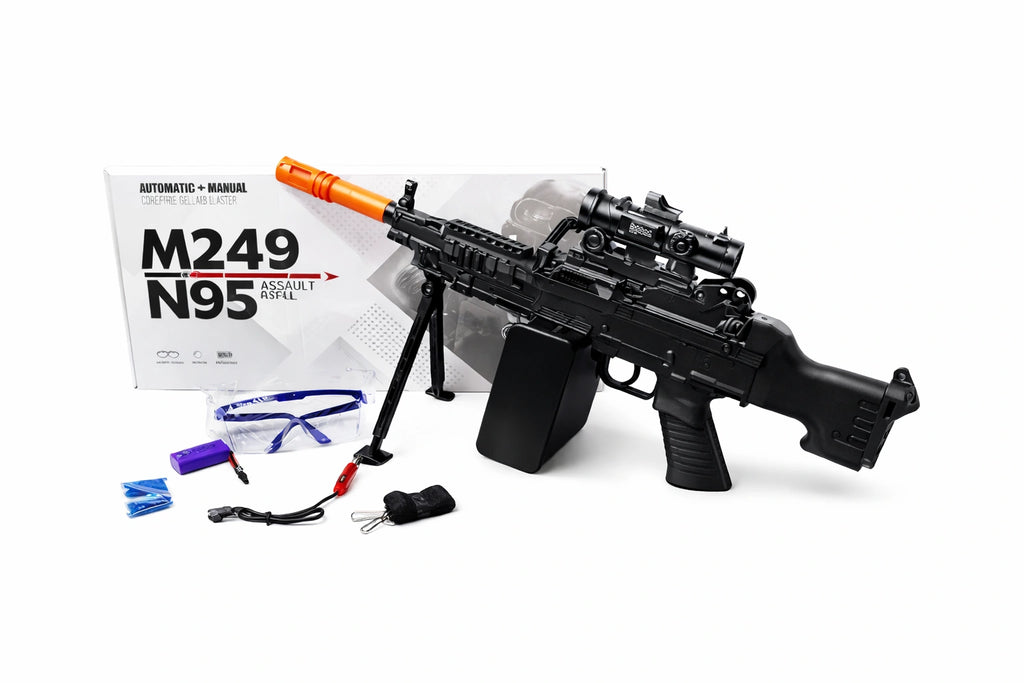 Tahito Toys M249 N95 military-style face mask with adjustable straps and protective N95 filter for face coverage.