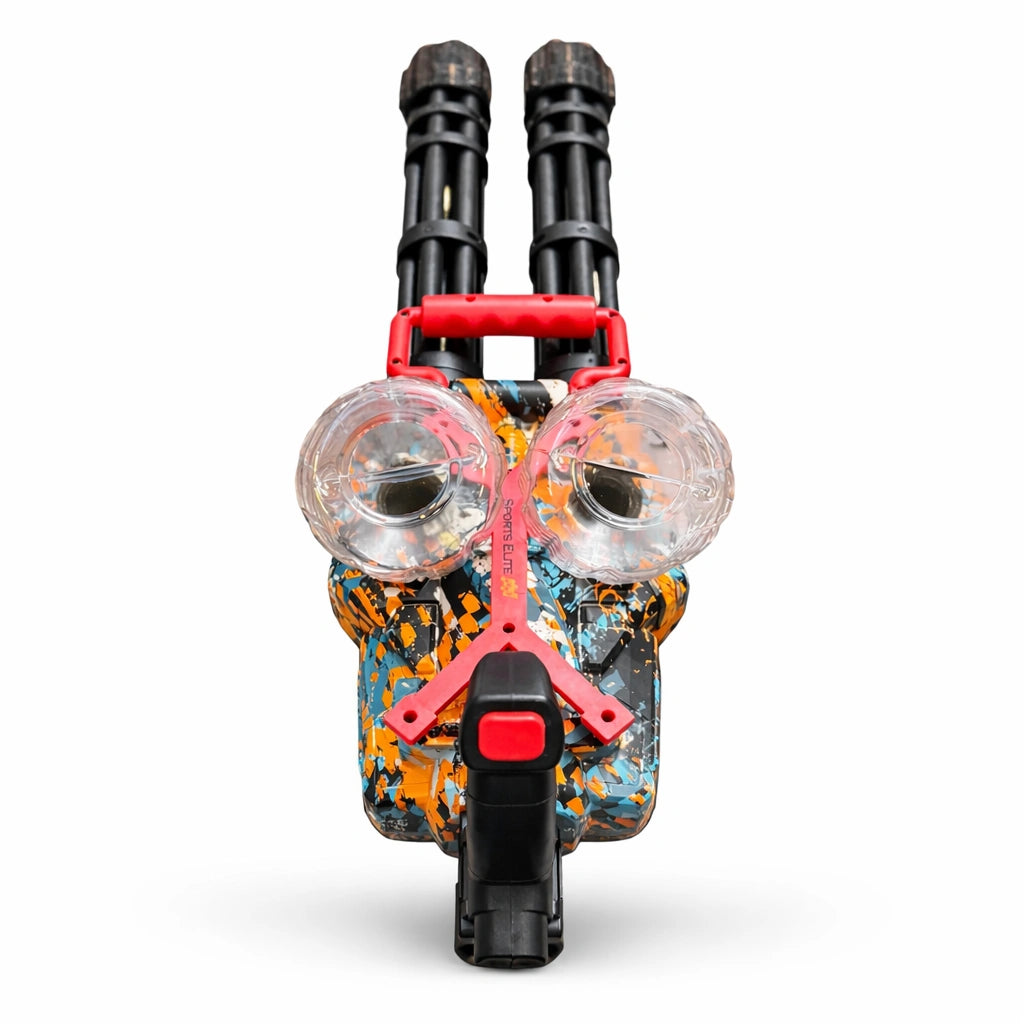 Tahito Toys Tornado Sports Elite Multi-Barrel Gel Blaster with colorful design, showing multiple barrels and gel ammo in action.
