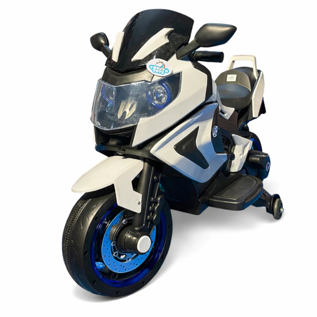Tahito Toys BMW motorcycle toy with key, detailed miniature model in black and silver with realistic features.