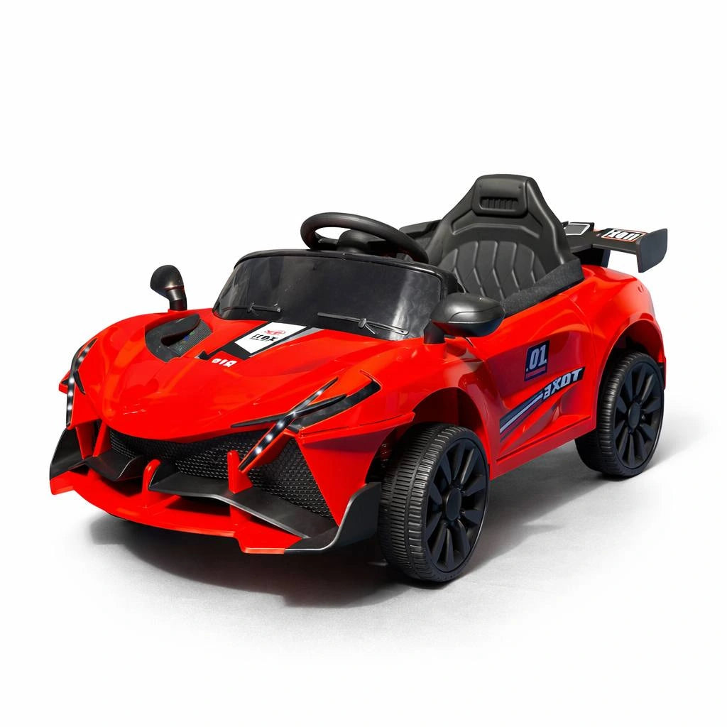 Kids sports car by Tahito Toys, red and black ride-on toy with racing design and steering wheel for children to play with.