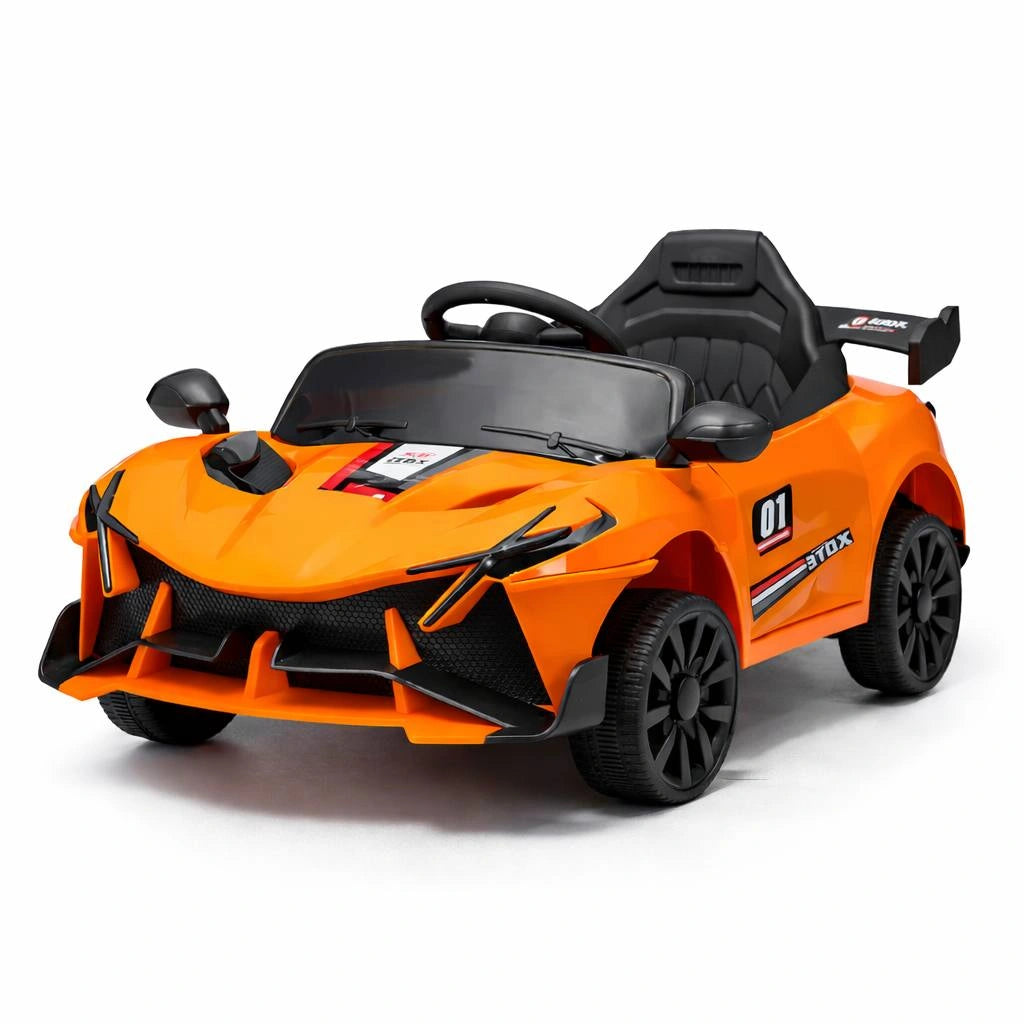 Kids sports car toy by Tahito Toys, shown in bright red with realistic steering wheel and sporty design for children to play with.