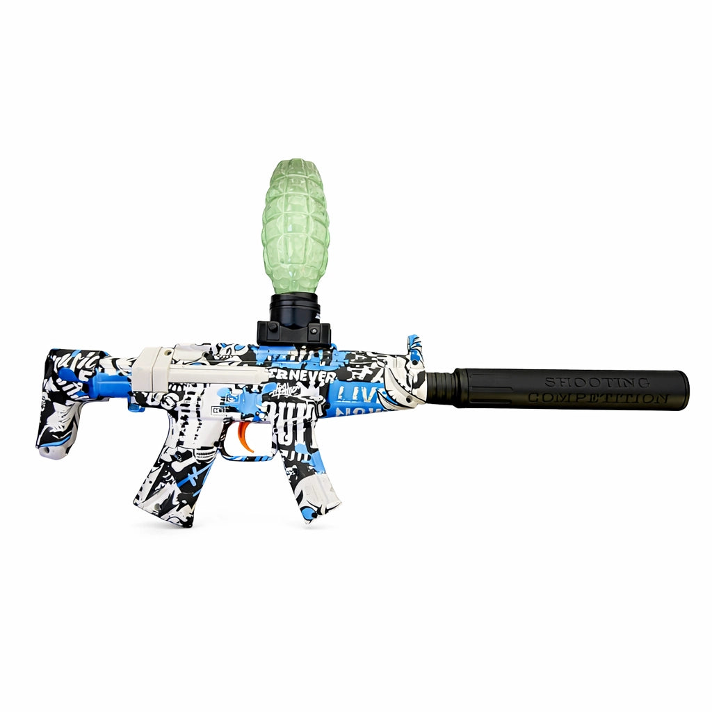 Tahito Toys MP5 Gel Blaster with realistic design and green accents, ready for outdoor play and gel ball shooting.