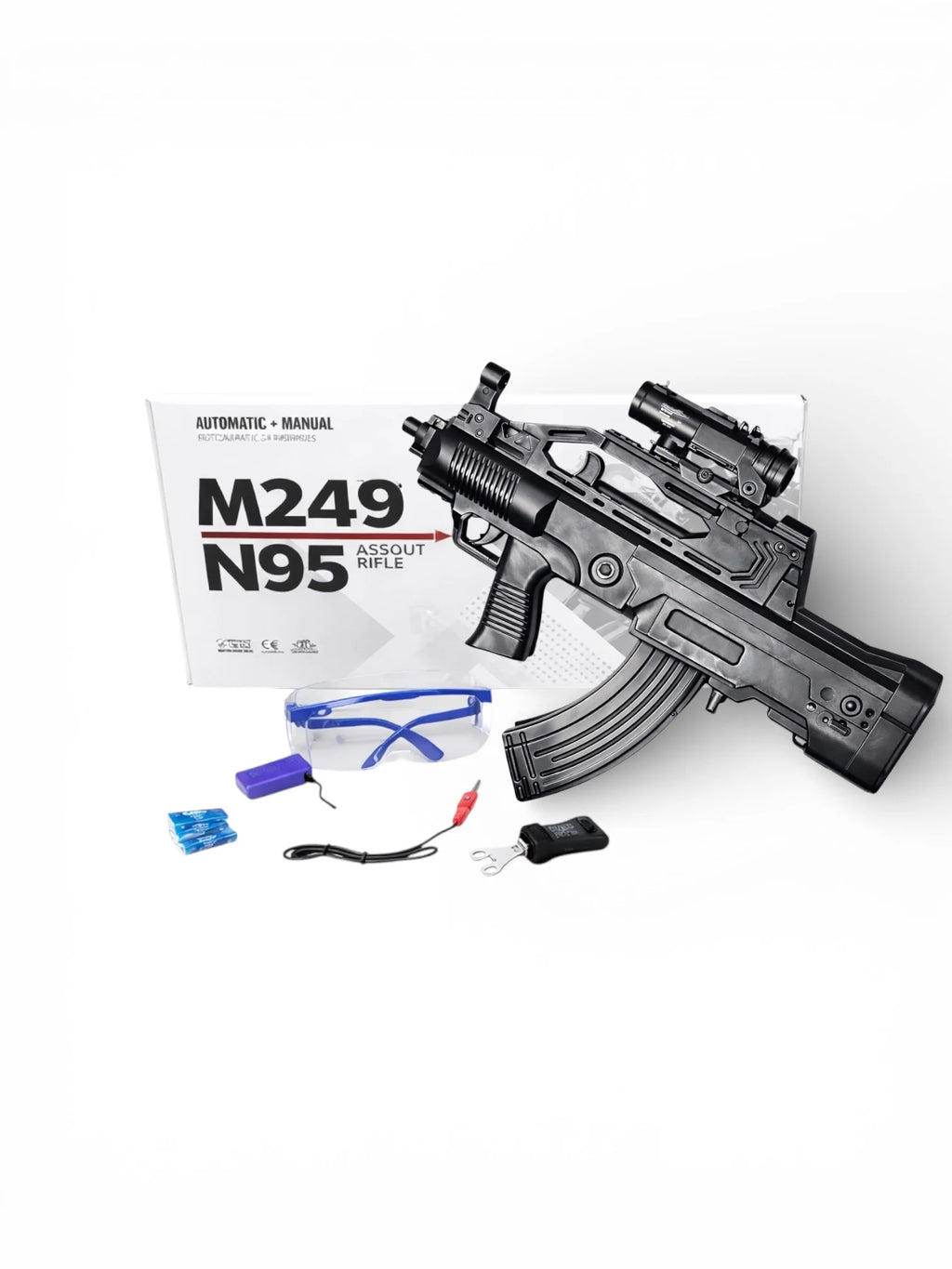 Tahito Toys M249 N95 Gel Blaster with realistic design and vibrant colors, ready for outdoor play and target shooting.