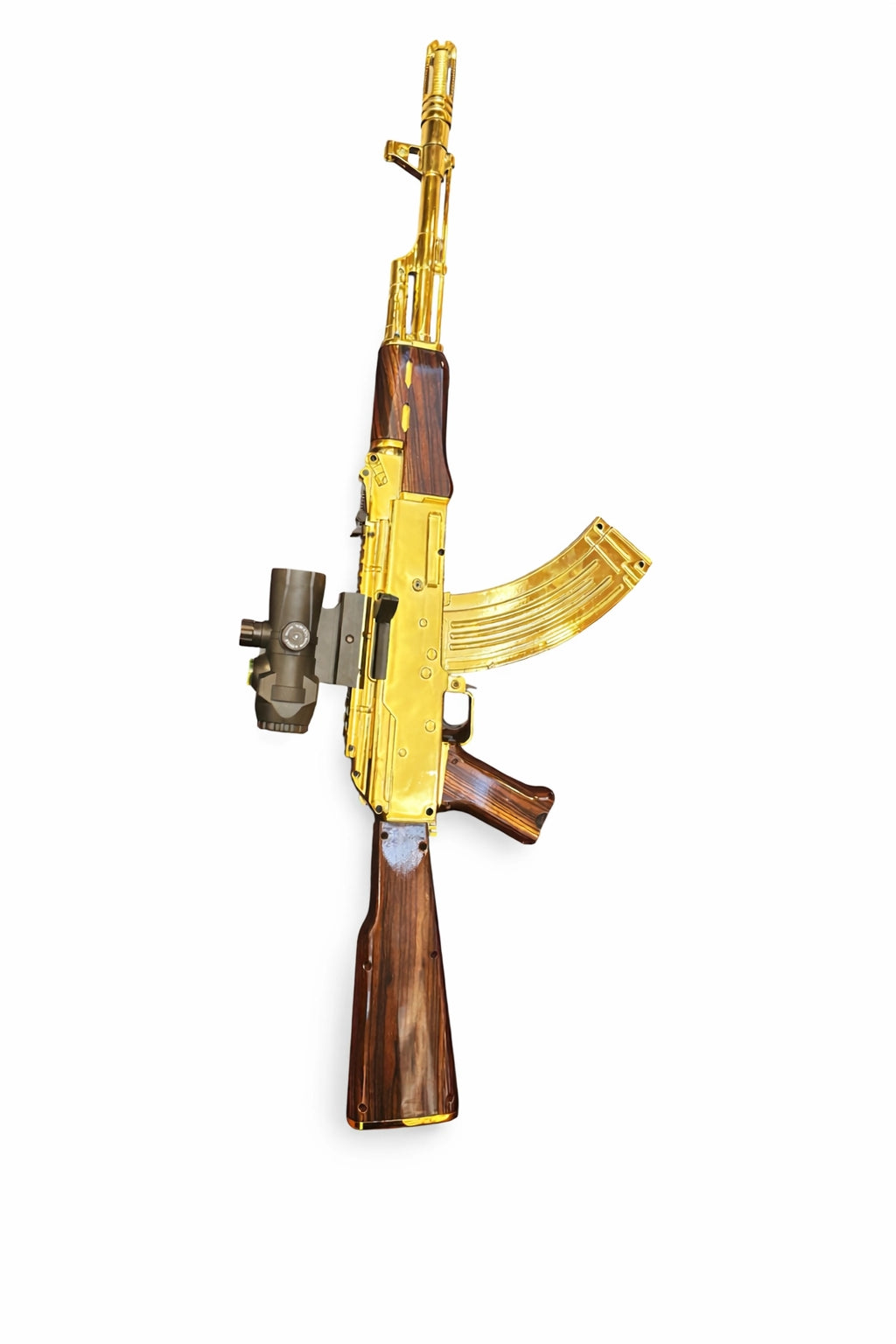 Tahito Toys AK gold gel blaster with wooden design, showcasing realistic gun details and metallic gold finish.