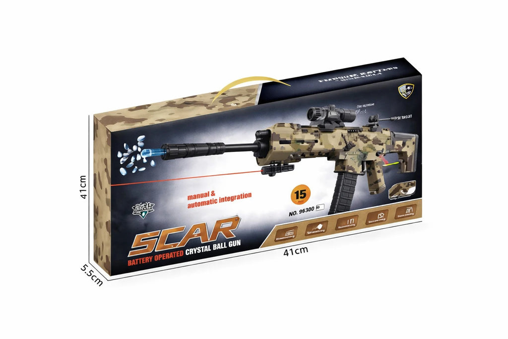 Tahito Toys SCAR camouflage toy gun with green and brown camouflage pattern, realistic design for play and outdoor fun.