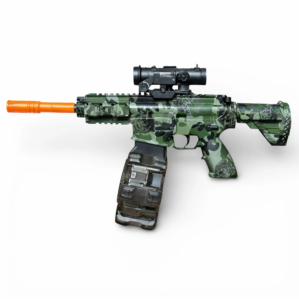 Tahito Toys M4G Gel Blaster Rifle with realistic design and orange tip for safe play, featuring a tactical grip and adjustable stock.