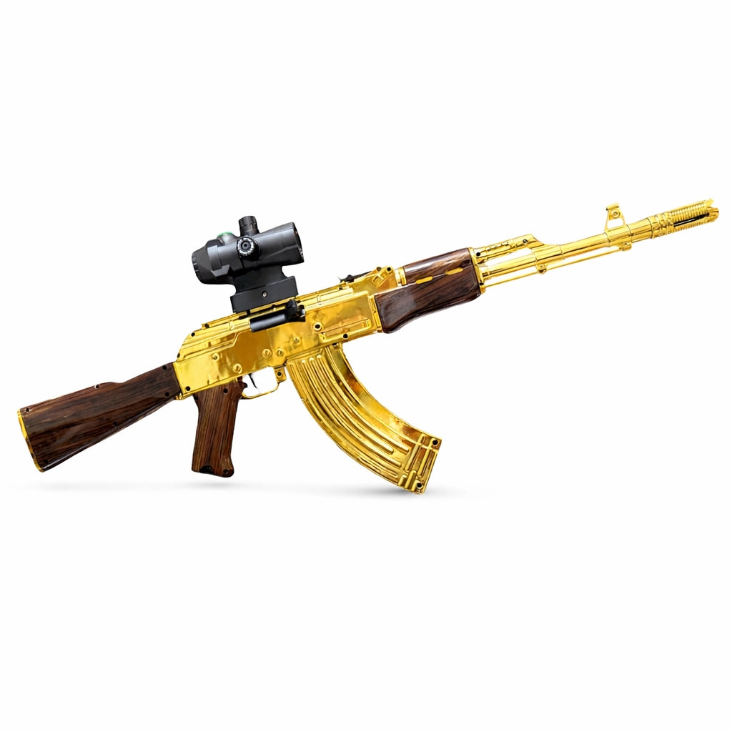 Tahito Toys AK gold gel blaster with wooden design, featuring realistic details and a sturdy build for outdoor play.