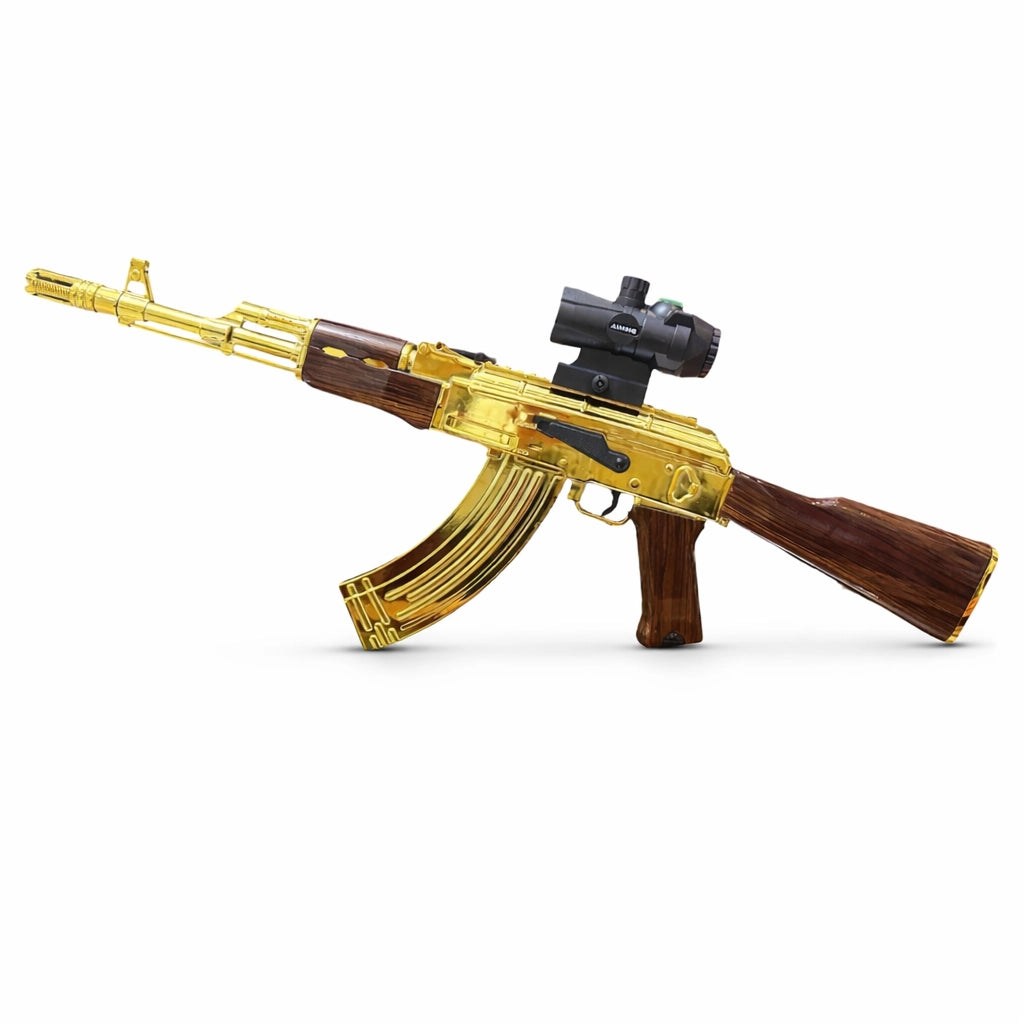 Tahito Toys AK gold gel blaster with wooden design, realistic toy gun with gold finish and wood accents for outdoor play.