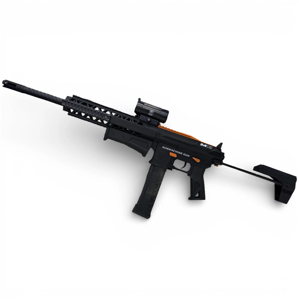 Tahito Toys MK Rifle Gel Blaster showing the colorful gel projectile and tactical design for outdoor play and target shooting.