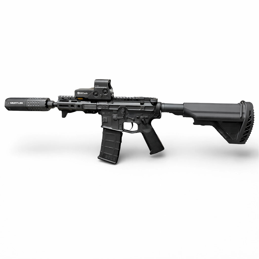 Tahito Toys SLR toy rifle with silencer and effects, realistic black plastic toy gun with detailed features and safety design.