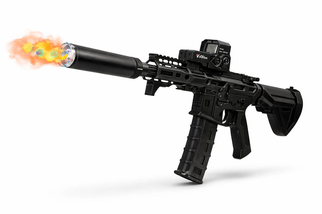 Toy SLR rifle with silencer and effects from Tahito Toys, featuring realistic details and vibrant colors.