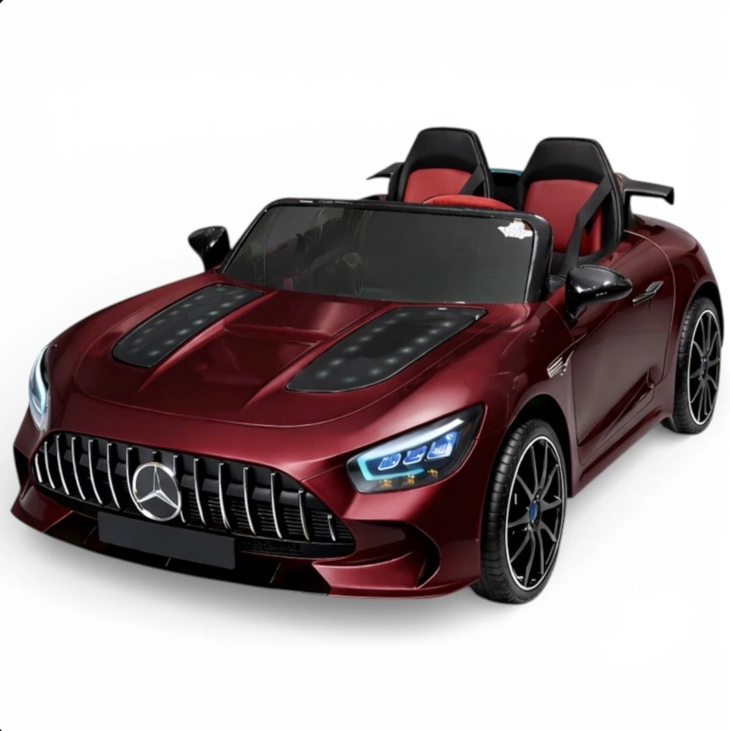 Red Mercedes AMG GT toy car by Tahito Toys, detailed miniature vehicle with sleek design and realistic features.