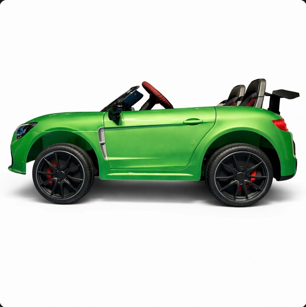 Red Mercedes AMG GT toy car by Tahito Toys, detailed exterior with sleek design and realistic features.