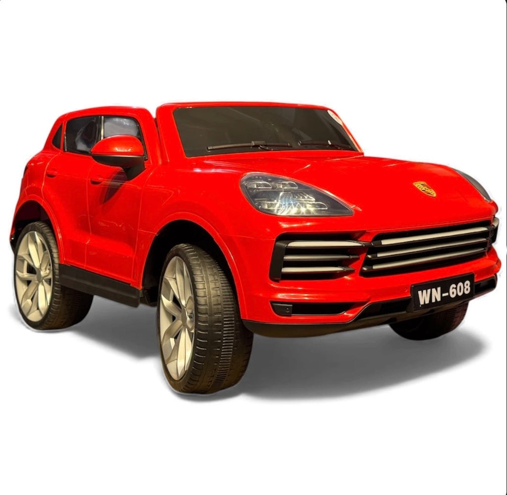 Tahito Toys Porsche Cayenne toy car in red with detailed exterior and realistic design, suitable for children and collectors.