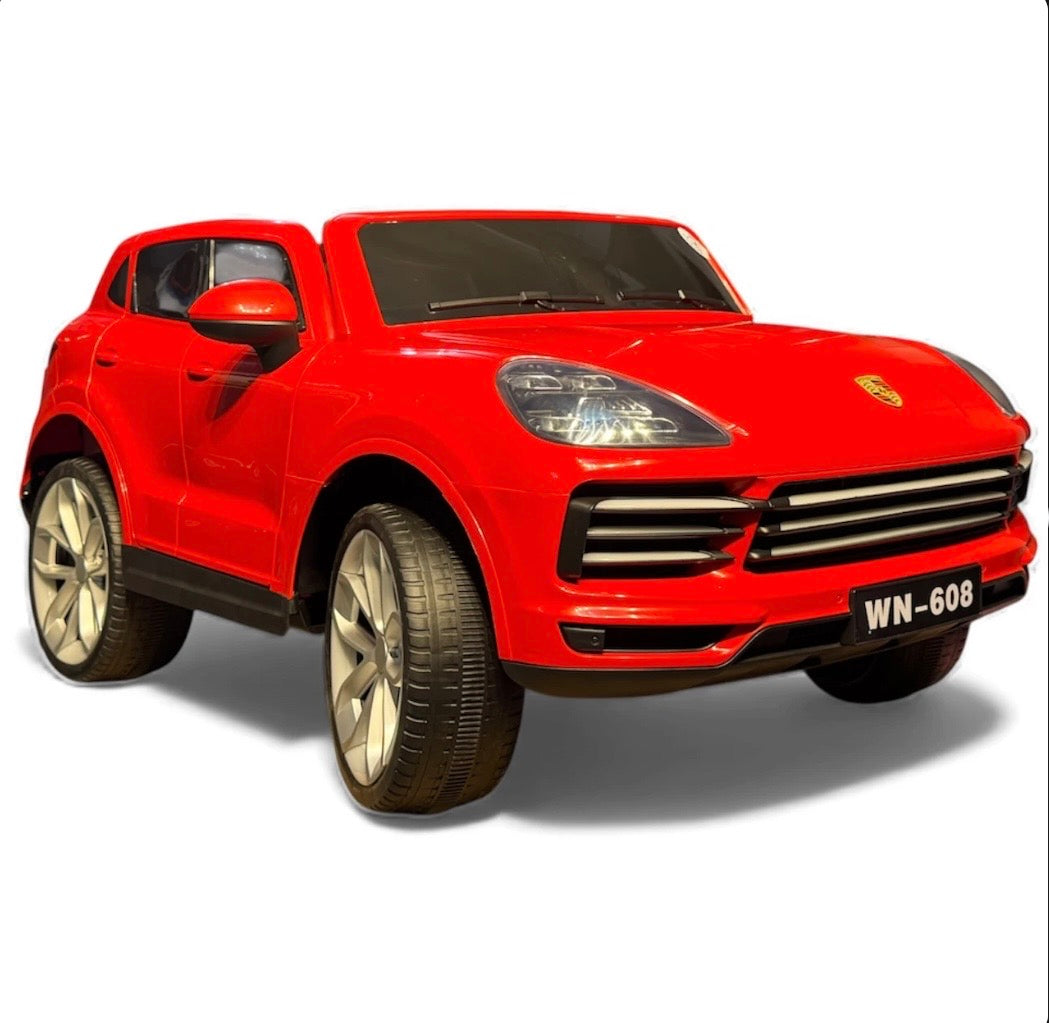 Tahito Toys Porsche Cayenne toy car in red with detailed exterior and realistic design, suitable for children and collectors.