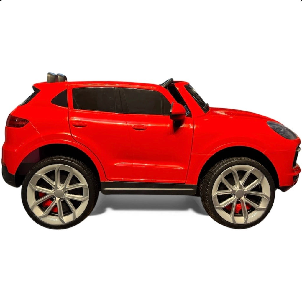 Tahito Toys Porsche Cayenne toy car with detailed red exterior and realistic design, suitable for children and collectors.