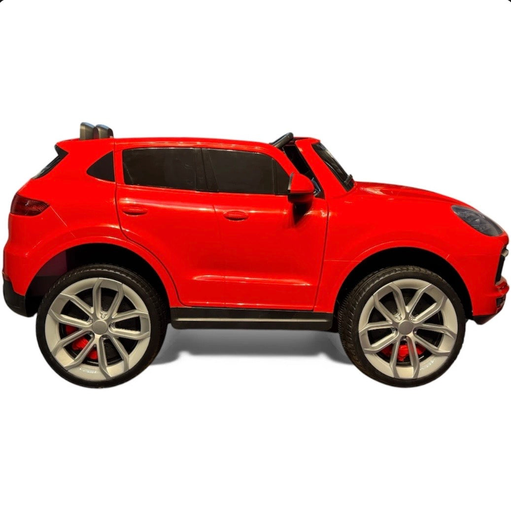 Tahito Toys Porsche Cayenne toy car with detailed red exterior and realistic design, suitable for children and collectors.