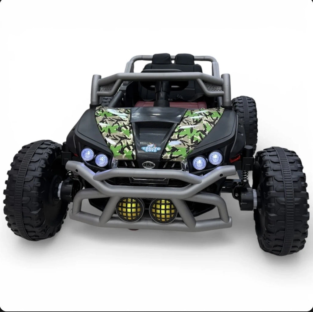Off-road spider car toy by Tahito Toys with black and red design, rugged tires, and detailed spider motif for outdoor play.