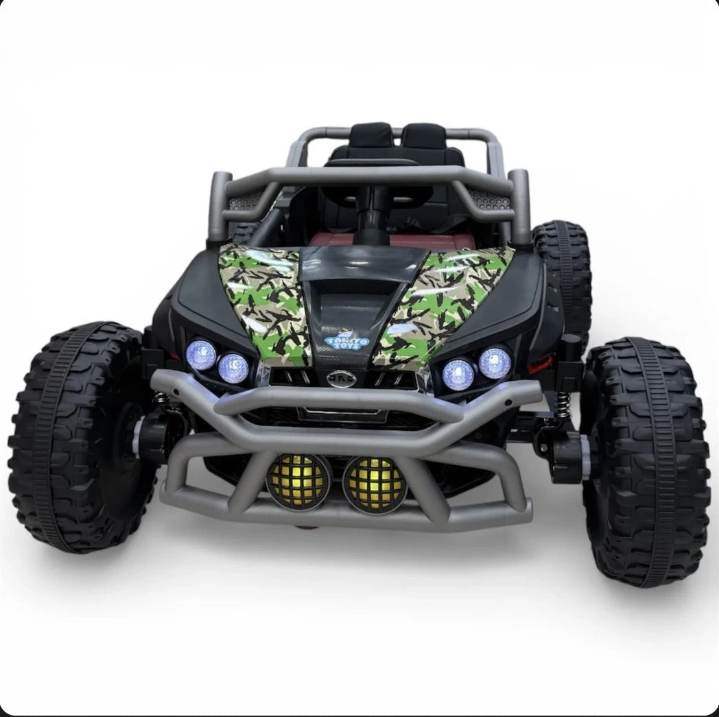 Off-road spider car toy by Tahito Toys with black and red design, rugged tires, and detailed spider motif for outdoor play.