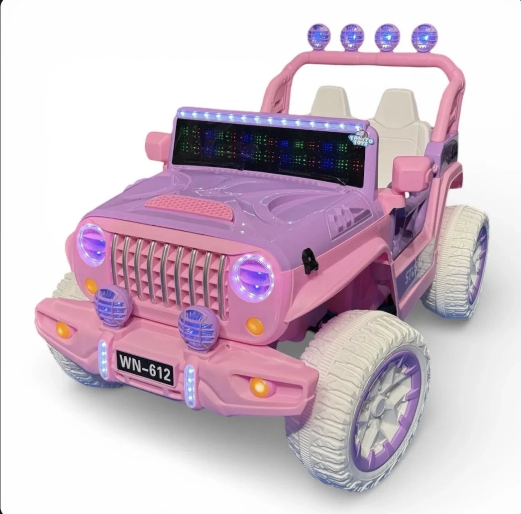 Big girls' pink Jeep Wrangler toy by Tahito Toys, featuring realistic design with open doors and rugged wheels for outdoor play.